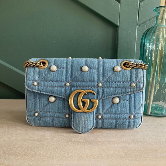 ❌SOLD❌Gucci GG Marmont Denim Pearl Small Flap Bag - Picture 3 of 14